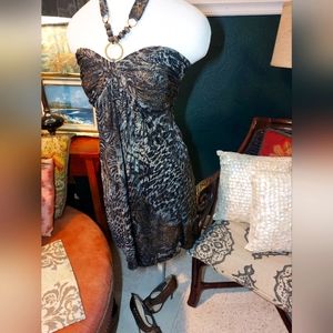 Metallic Animal Print Mini Halter Dress with Chunky Gold and Wood details